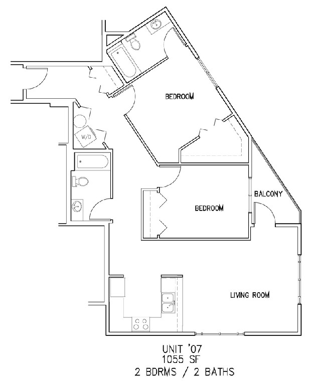 Floor plan for 2 beds, 2 baths, 1055 sqft
